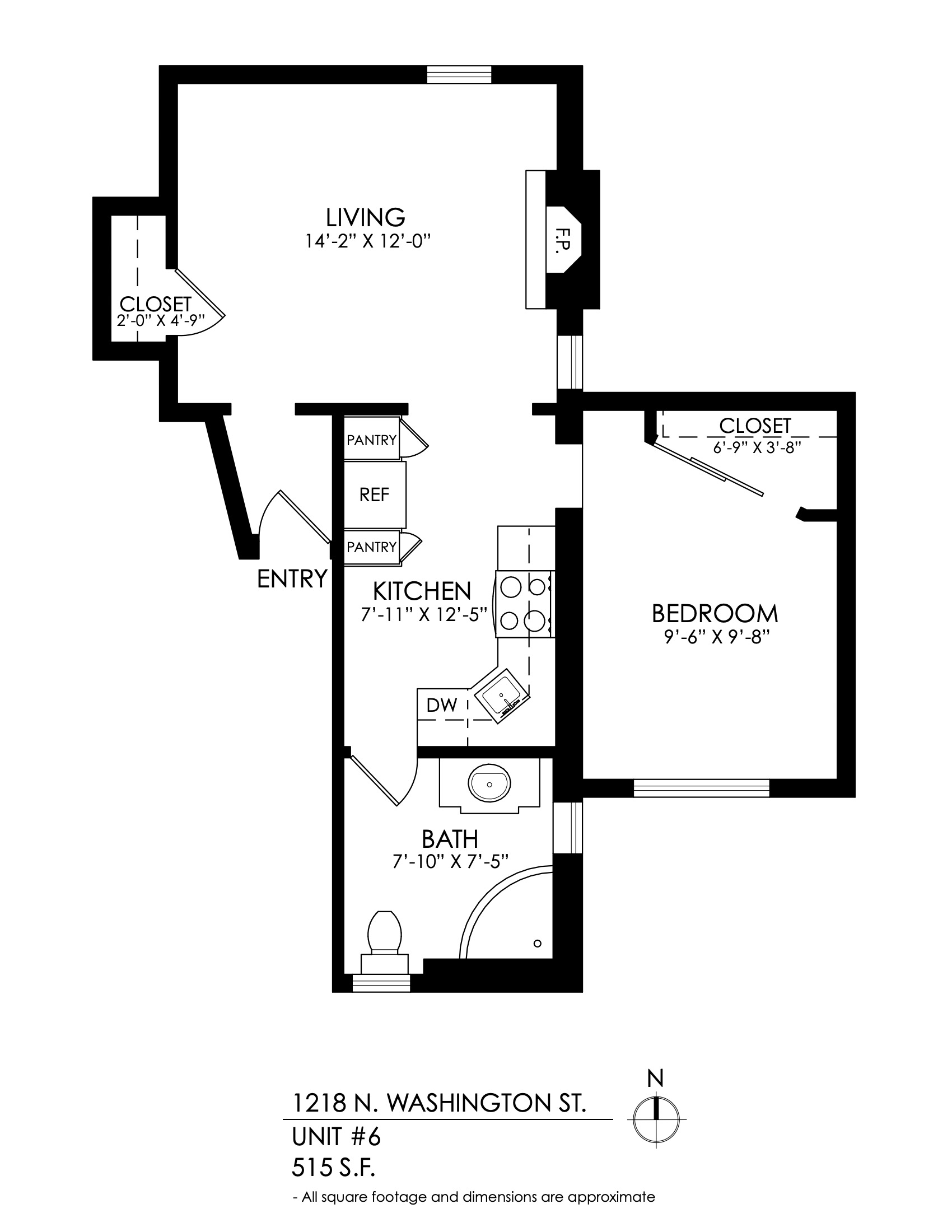 Floor plan for 1 bed, 1 bath, 515 sqft